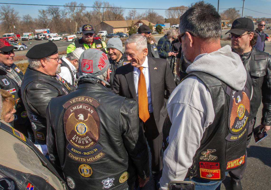 Former Secretary of Defense Jim Mattis greets Veterans at a Tri-Cities ceremony honoring fallen Marine Sgt. Detrich Schmieman in May 2019. The West Richland post office was renamed to Sgt. Detrich Schmieman post office.
