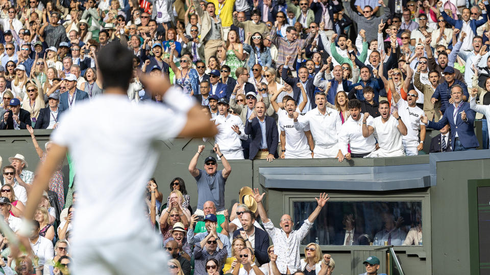  Coach Juan Carlos Ferrero and the team of Carlos Alcaraz of Spain react in the team box during his five-set victory against Novak Djokovic of Serbia in the Gentlemen's Singles Final match on Centre Court during the Wimbledon Lawn Tennis Championships at the All England Lawn Tennis and Croquet Club at Wimbledon on July 16, 2023, in London, England. (Photo by Tim Clayton/Corbis via Getty Images). 