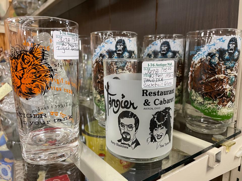 There are some regional treasures, including this glass from the old Tangier restaurant in Akron, inside the I-76 Antique Mall in Rootstown.