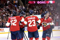 Florida Panthers left wing Mason Marchment (19) reacts after scoring a goal during the second period in Game 5 of an NHL hockey Stanley Cup first-round playoff series against the Tampa Bay Lightning, Monday, May 24, 2021, in Sunrise, Fla. (AP Photo/Lynne Sladky)