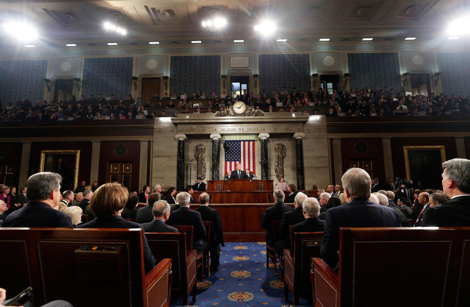 <p>President Donald Trump addresses a joint session of Congress on Capitol Hill in Washington, Tuesday, Feb. 28, 2017. Vice President Mike Pence and House Speaker Paul Ryan of Wis. listen. (Jim Lo Scalzo/Pool Image via AP) </p>