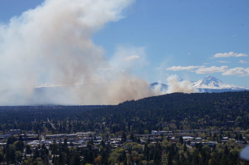 Officials manage a controlled burn in Bend on Thursday, May 9, 2024. Oregon wildfire officials said they are increasing the scale of prescribed burns across the state to prevent severe wildfires. (Alex Baumhardt/Oregon Capital Chronicle)