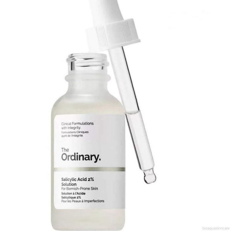 Clear bottle of The Ordinary Salicylic Acid 2% Solution with dropper.