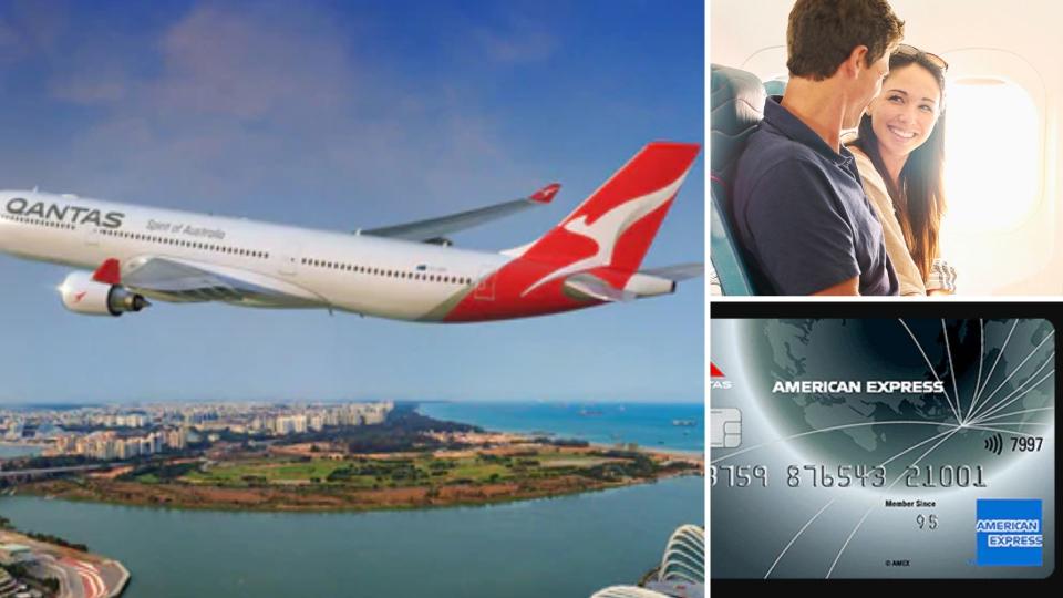 Qantas plane on the left, a happy couple on the upper right and an American Express card in the lower right.