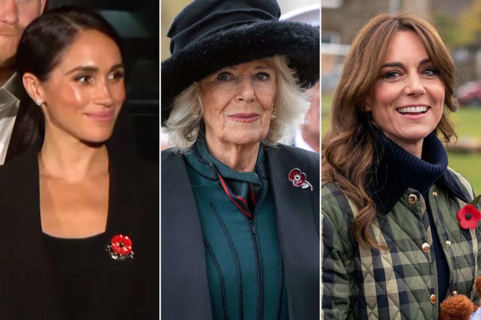 <p>CBS 8 San Diego/YouTube; Paul Grover - WPA Pool/Getty; JANE BARLOW/POOL/AFP via Getty</p> Meghan Markle, Queen Camilla and Kate Middleton wearing poppies in 2023