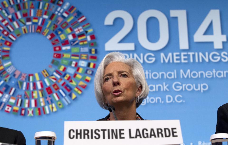 International Monetary Fund (IMF) Managing Director Christine Lagarde speaks during a news conference during the IMF/World Bank Spring Meetings at IMF headquarters in Washington, Thursday, April 10, 2014. Lagarde said the global economy is finally turning the corner after a deep recession but the recovery remains too weak. (AP Photo/Jose Luis Magana)