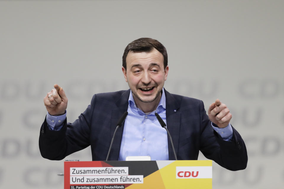 Designated general secretary Paul Ziemiak speaks at the party convention of the Christian Democratic Party CDU in Hamburg, Germany, Saturday, Dec. 8, 2018. (AP Photo/Markus Schreiber)