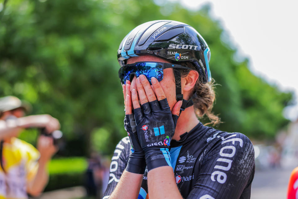 Picture by Alex Whitehead/SWpix.com - 25/06/2023 - Cycling - 2023 British National Road Championships - Saltburn-by-the-Sea, North Yorkshire, England - Womenâ€™s Road Race - Pfeiffer Georgi of Team DSM wins