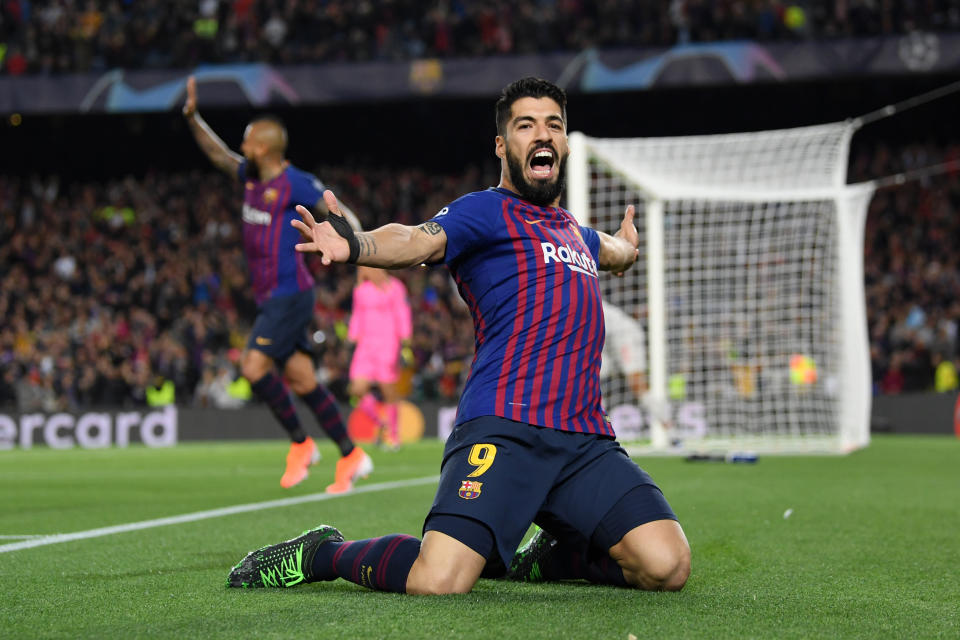 Luis Suarez of Barcelona celebrates after he scores his sides first goal during the UEFA Champions League Semi Final first leg match between Barcelona and Liverpool