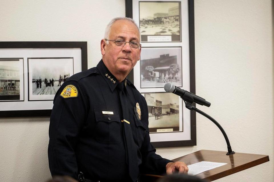 Gustine Police Chief Ruben Chavez speaks during a swearing in ceremony of four new Gustine Police Department Reserve Officers in Gustine, Calif., on Tuesday, June 20, 2023. Andrew Kuhn/akuhn@mercedsun-star.com