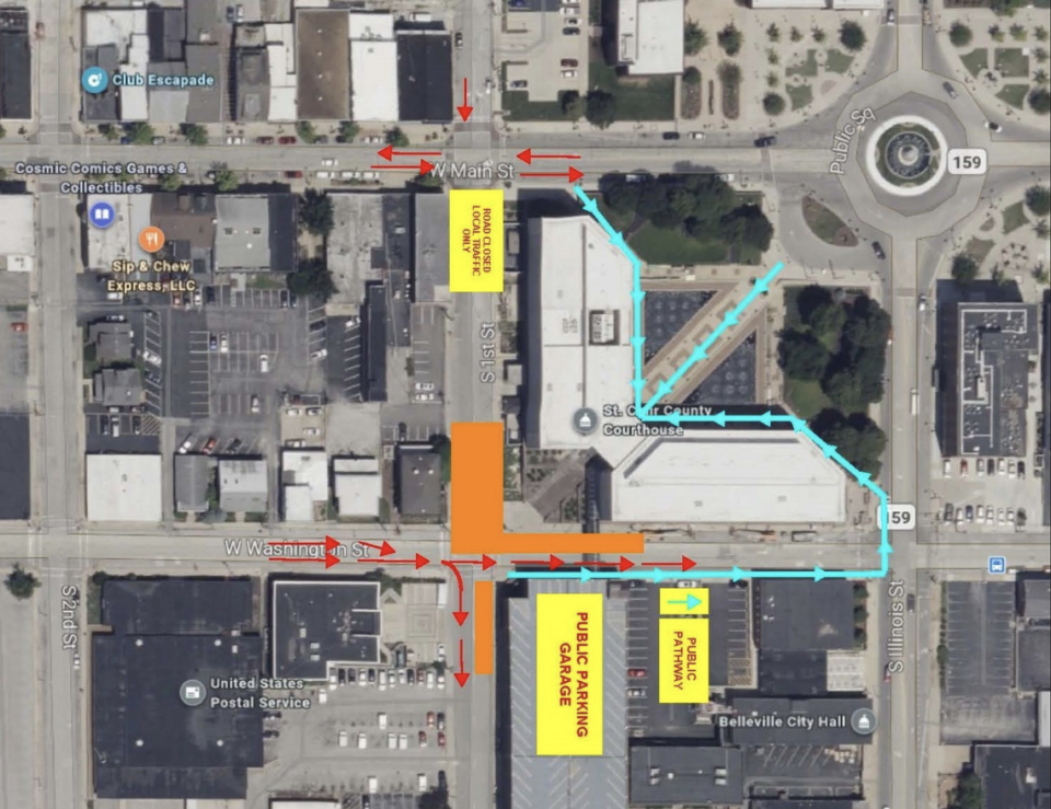 This satellite image of the St. Clair County Courthouse in downtown Belleville shows planned traffic restrictions on South First and West Washington streets as part of a planned construction project. Orange areas depict construction activities. The blue line shows the path visitors will be directed to travel during shutdowns of the tunnel between the South First Street public parking garage and courthouse.