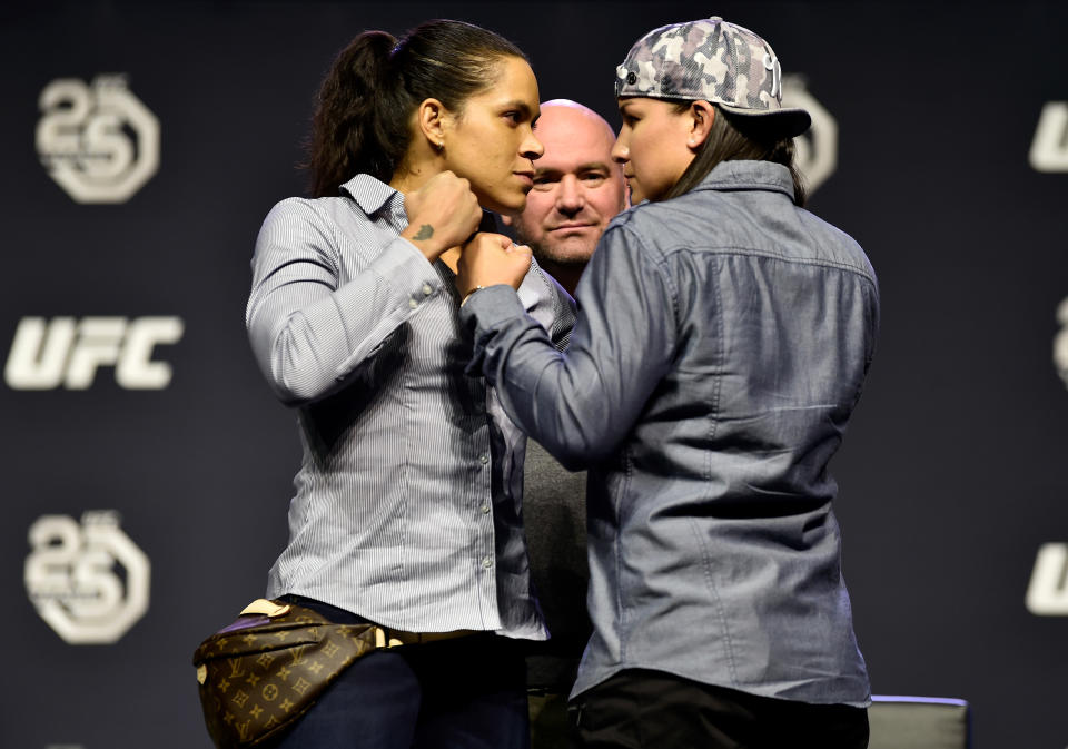 Amanda Nunes and Raquel Pennington face off during the UFC press conference inside Barclays Center on April 6, 2018 in Brooklyn, New York. (Getty)