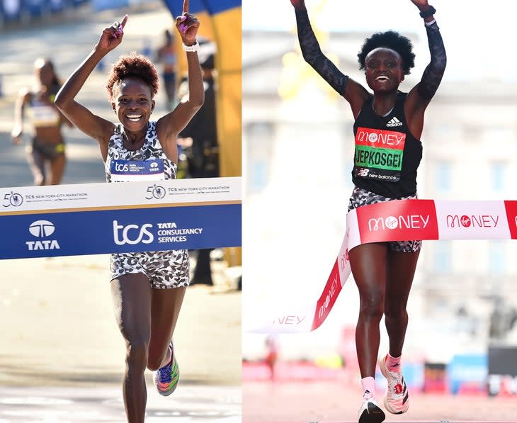 Finish line photos of Peres Jepchirchir and Joyciline Jepkosgei