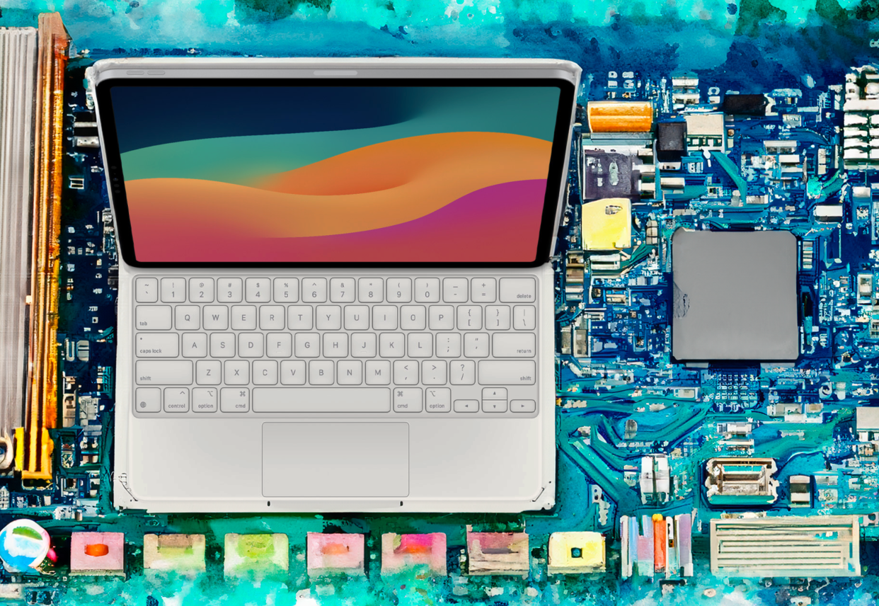  Magic Keyboard Folio for iPad with 10th generation iPad over watercolor-style image of a computer motherboard. 