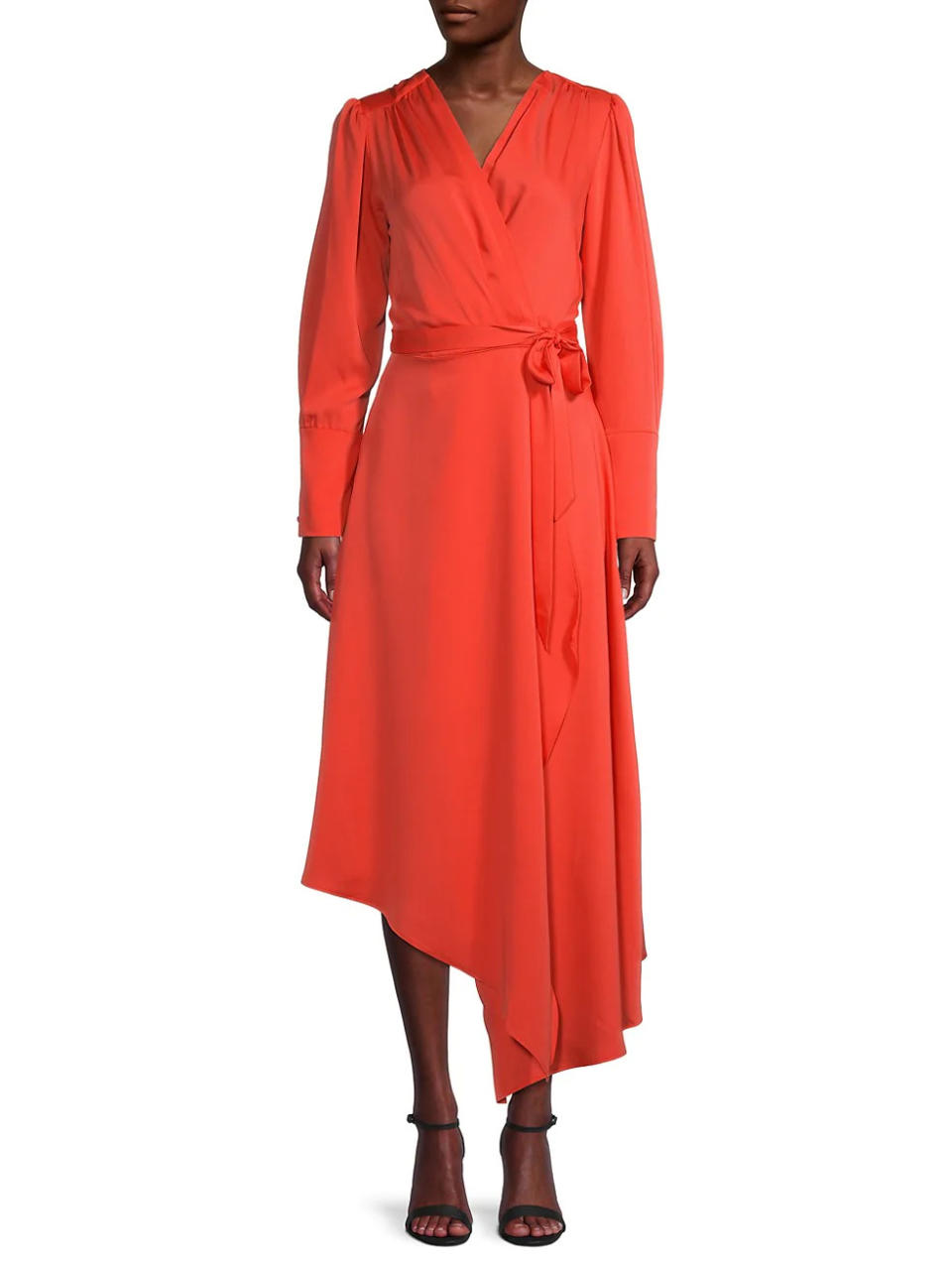 BCBGMAXAZRIA Asymmetric-Hem Maxi Wrap Dress. Image via Saks Off Fifth.