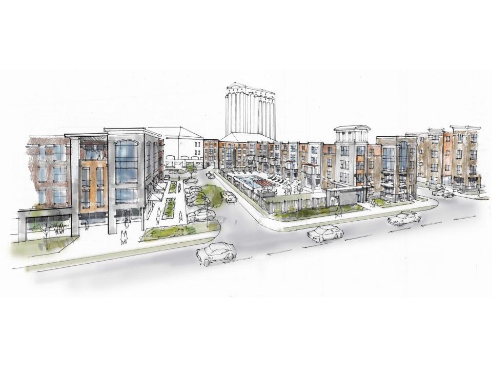 This rendering shows what a proposed mix-use development would resemble around Murfreesboro City Hall and Linebaugh Library in downtown area off Broad, Church and Vine streets. The project plans include 239 apartments in two four-story buildings, 80 to 100 residential condos in four- or five-story building, hotel with 80 to 150 rooms, ground floor retail spaces that total 30,000 to 40,000 square feet, and 780 parking spaces, including 715 in two garages. The project is proposed by HRP development company of Brentwood and architect Bart Kline with Kline Swinney Associates of Nashville.