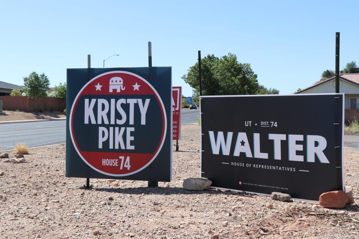 Campaign signs advertising for the two Republican candidates in the House District 74 primary, Kristy Pike and Neil Walter, along River Road in St. George. June 6, 2022.
