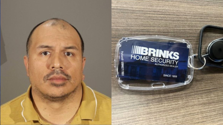 Jacinto Chavez, 37, in a Jan. 4, 2024 booking photo and a fake Brinks employee lanyard found by the Los Angeles County Sheriff’s Department.