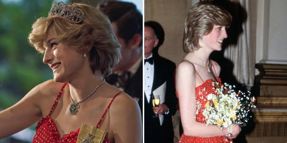 princess diana the crown real life outfits compared to emma corrin