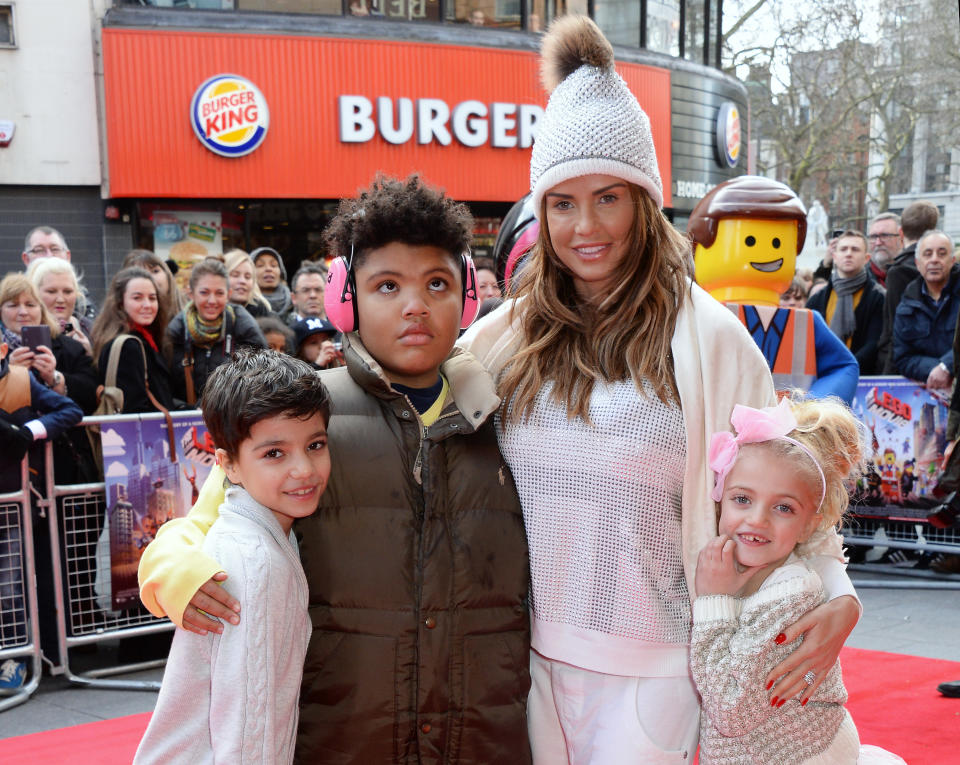 LONDON, ENGLAND - FEBRUARY 09:  (EMBARGOED FOR PUBLICATION IN UK TABLOID NEWSPAPERS UNTIL 48 HOURS AFTER CREATE DATE AND TIME. MANDATORY CREDIT PHOTO BY DAVE M. BENETT/WIREIMAGE REQUIRED)  (L to R) Junior Andre, Harvey Price, Katie Price and Princess Andre attend a VIP screening of "The Lego Movie" at the Vue West End on February 9, 2014 in London, England.  (Photo by Dave M. Benett/WireImage)