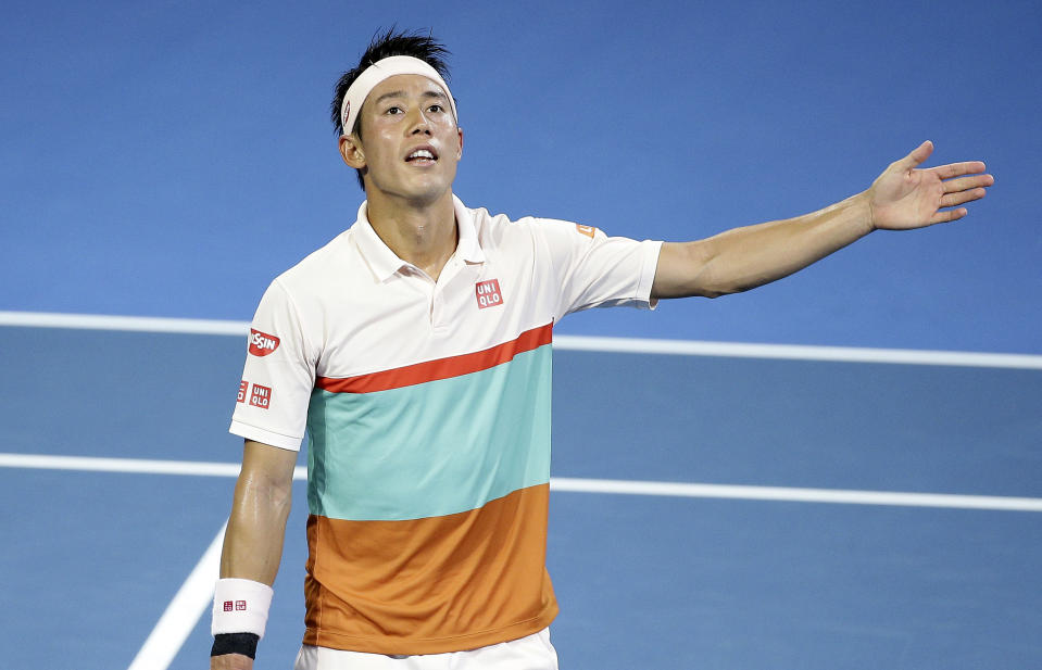 Kei Nishikori of Japan reacts after missing a shot during his finals match against Daniil Medvedev of Russia at the Brisbane International tennis tournament in Brisbane, Australia, Sunday, Jan. 6, 2019. (AP Photo/Tertius Pickard)