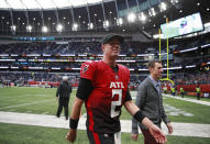 Atlanta Falcons quarterback Matt Ryan (2) leaves the field after an NFL football game between the New York Jets and the Atlanta Falcons at the Tottenham Hotspur stadium in London, England, Sunday, Oct. 10, 2021. Atlanta Falcons won the match 27-20. (AP Photo/Ian Walton)