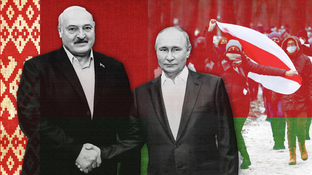 Belarusian President Alexander Lukashenko and Russian President Vladimir Putin; in background, pro-democracy demonstrators in Belarus. 