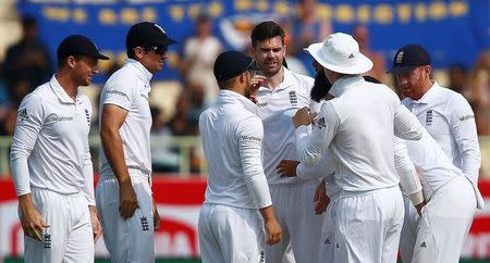 Cricket - India v England - Second Test cricket match - Dr. Y.S. Rajasekhara Reddy ACA-VDCA Cricket Stadium, Visakhapatnam, India - 17/11/16. England's players celebrate the wicket of India's Murali Vijay. REUTERS/Danish Siddiqui