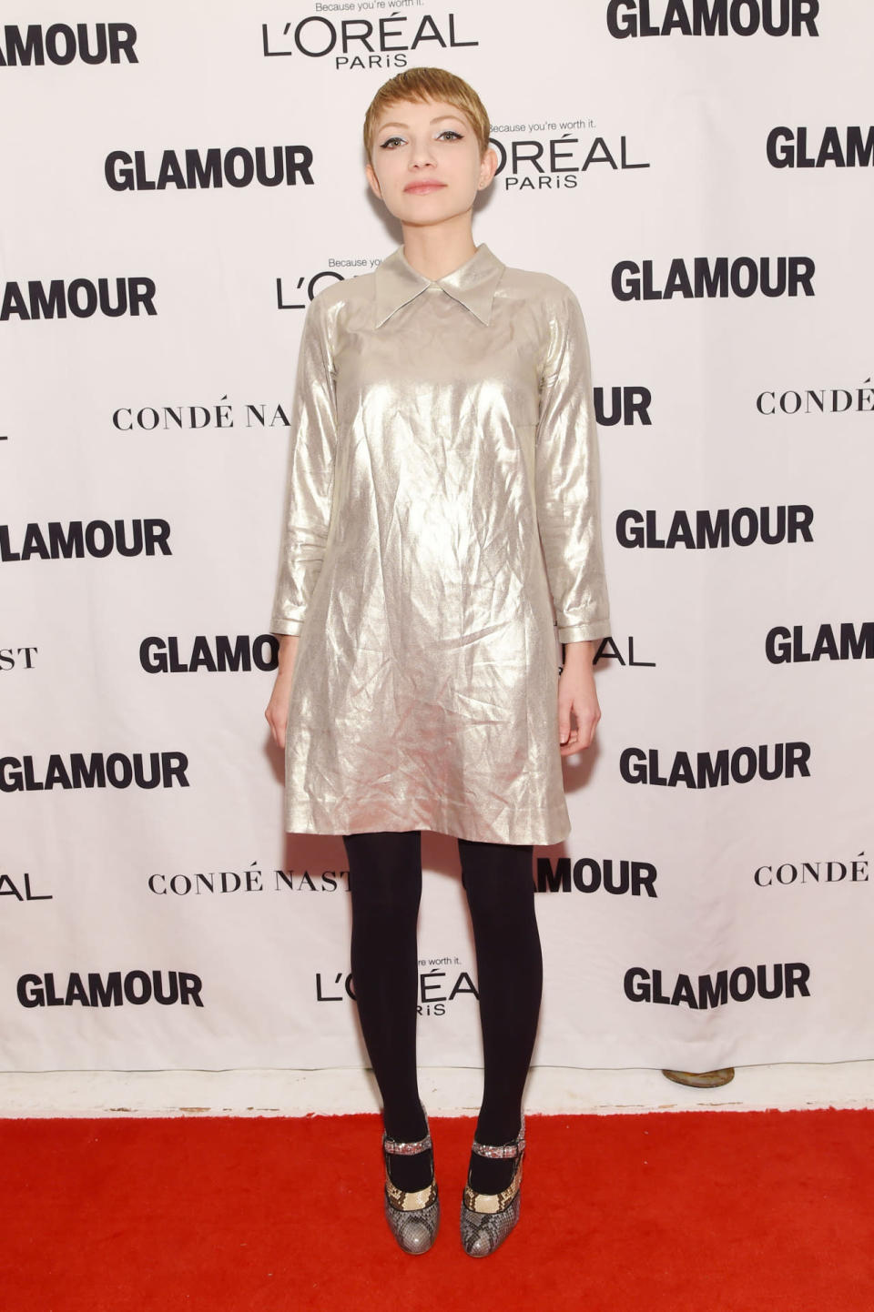 Tavi Gevinson in a gold mini and Miu Miu heels at the 2015 Glamour Women Of The Year Awards.