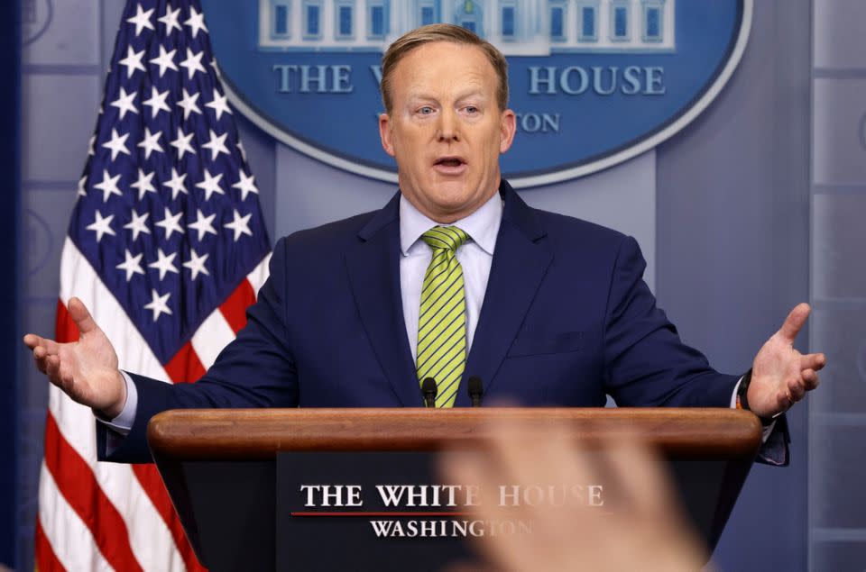 Sean Spicer speaking at the White House. Photo: AP