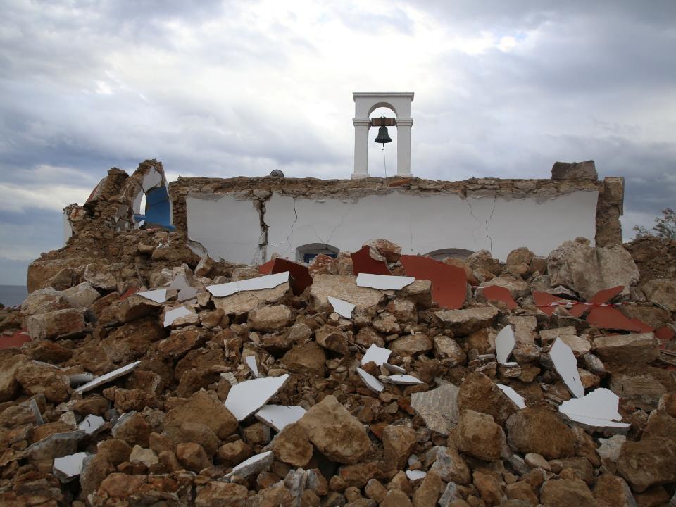 A view of a destroyed chapel following an earthquake in the village of Xerokampos (Reuters)