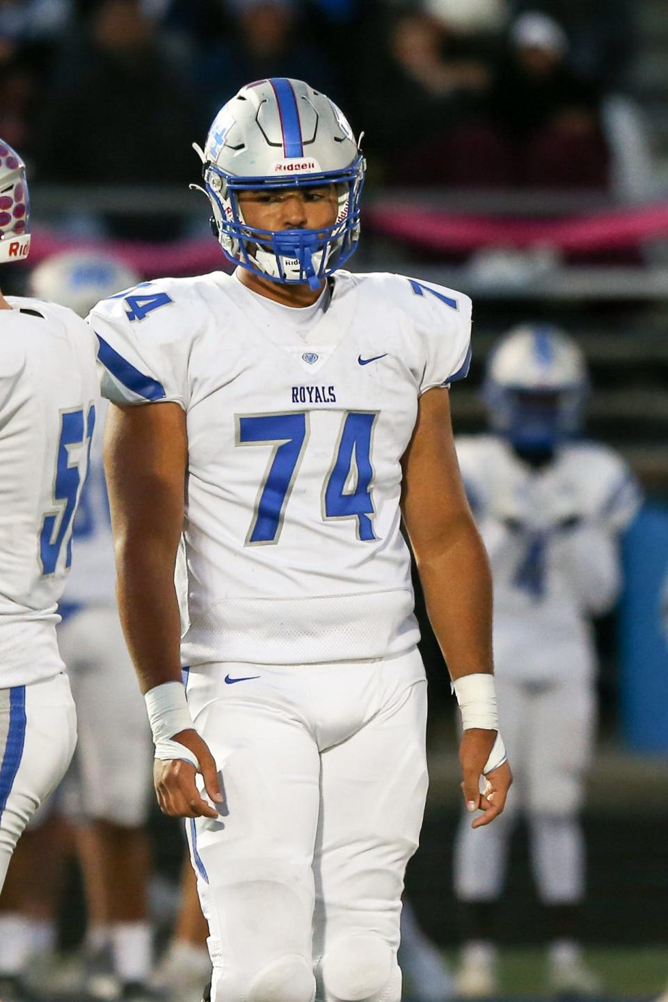 Hamilton Southeastern Styles Prescod (74) takes the field during Hamilton Southeastern vs. Franklin Central IHSAA varsity football, Oct 7, 2022; Indianapolis, IN;  at Franklin Central High School. Gary Brockman for Indy Star.