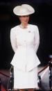 <p>Princess Anne wore an all-white ensemble, complete with hat, for a parade on VJ Day in 1995. </p>