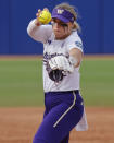 Washington's Ruby Meylan pitches against Florida State during the second inning of an NCAA softball Women's College World Series game Saturday, June 3, 2023, in Oklahoma City. (AP Photo/Nate Billings)