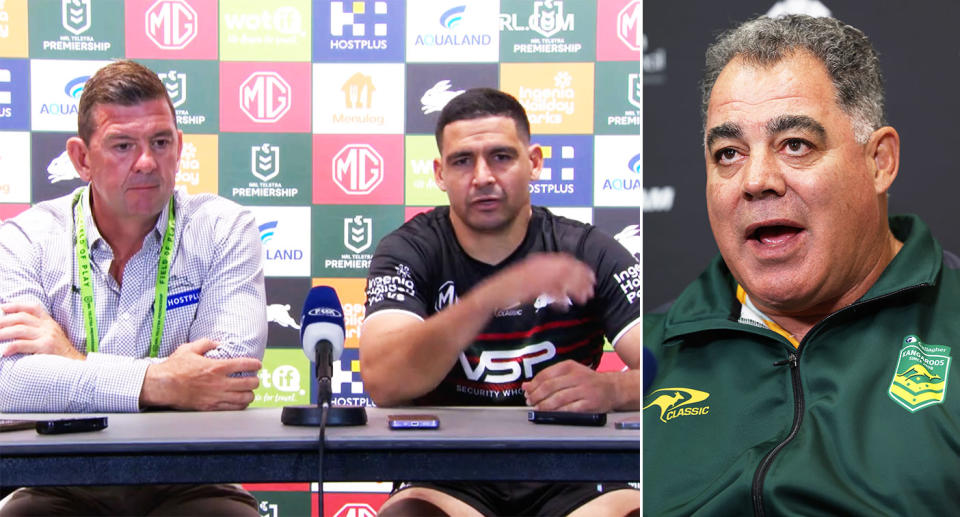 Pictured left to right are coach Jason Demetriou and Souths star Cody Walker, plus Mal Meninga.