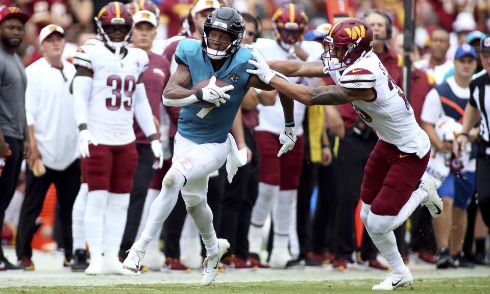 Jacksonville Jaguars wide receiver Zay Jones (7) runs during an NFL football game against the Washington Commanders, Sunday, Sept. 11, 2022 in Landover. (AP Photo/Daniel Kucin Jr.)