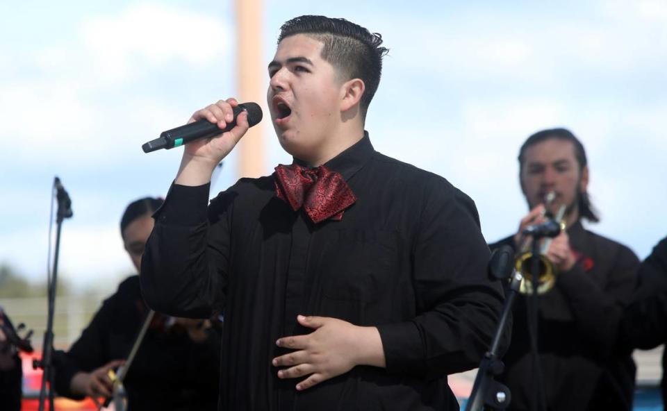 Gabriel Caballero of Mariachi Los Gavilanes de Delhi High School performs ‘Caminos de Michoacán’ during the March 25, 2023 High School Mariachi Festival at Ratcliffe Stadium.