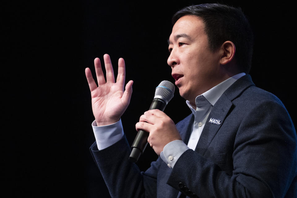 Andrew Yang speaks during the New Hampshire Youth Climate and Clean Energy Town Hall on Feb. 5, 2020, in Concord, N.H. (Mary Altaffer/AP)