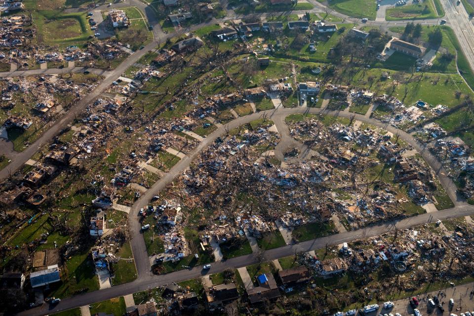 The path of destruction can be seen from the air Nov. 18, 2013, the day after a tornado ripped through Washington.