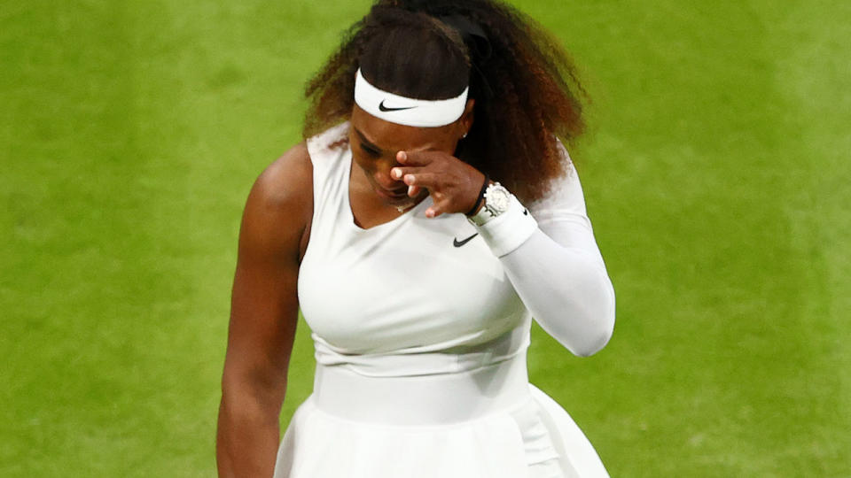 Serena Williams, pictured here in tears after being forced to retire hurt at Wimbledon.