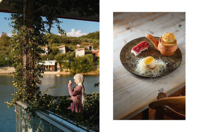 <p>Armand Habazaj</p> From left: A guest takes in the scenery at AgriTourism Huqi; a dessert sampling at Mullixhiu includes yogurt cake with pomegranate, a "kadaif pipe," and custard served in an eggshell.