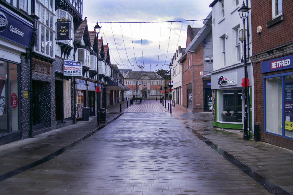 A deserted high street in Wrexham, Wales, where retail footfall has plummeted due to national lockdown. Photo: PA