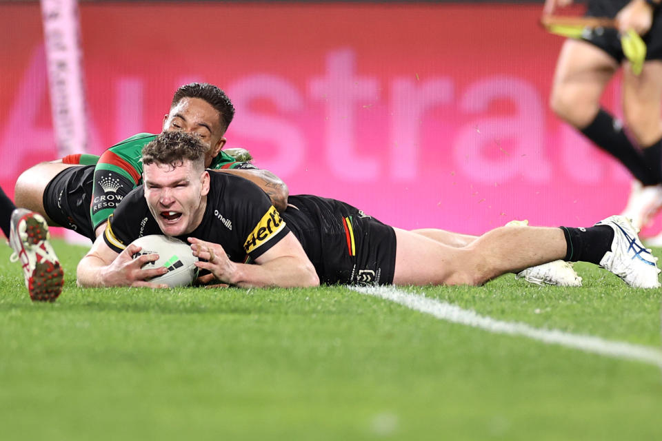 Liam Martin, pictured here celebrating after scoring the match-winning try for the Panthers against Souths.