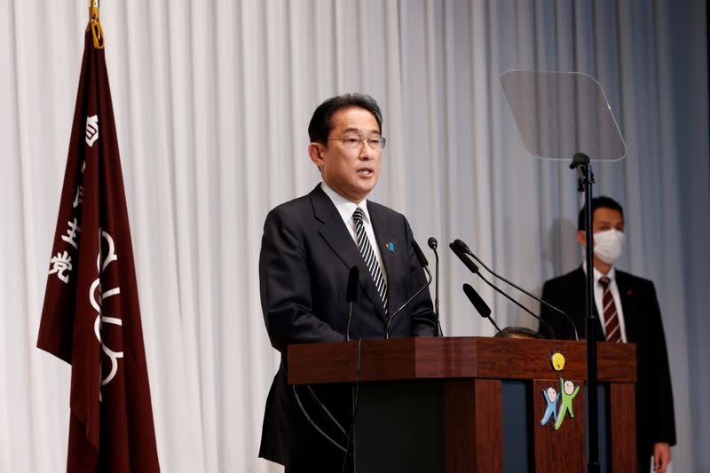 Japan's Prime Minister and ruling Liberal Democratic Party leader Fumio Kishida speaks during a news conference at the party headquarters in Tokyo