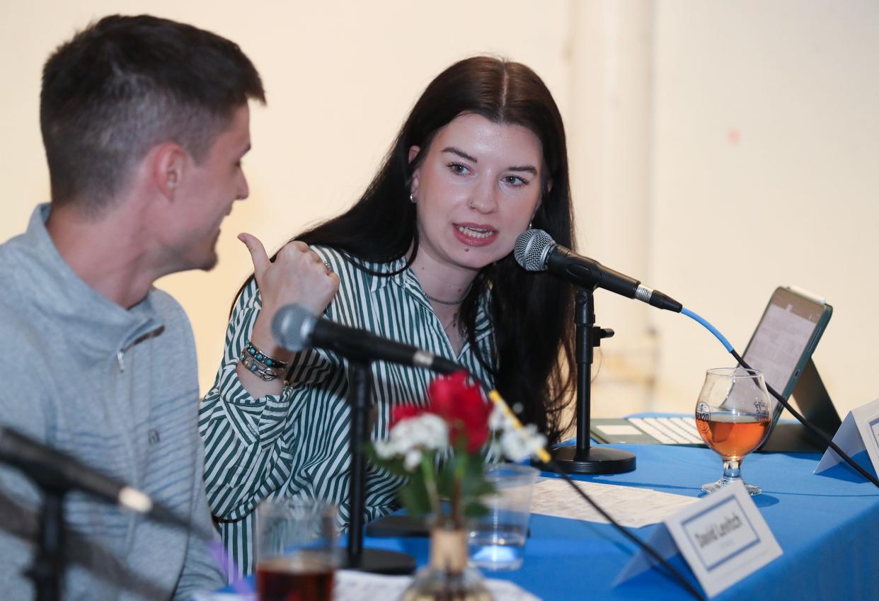 Bailey Armour, a handicapper who does work with 1ST/BET, made remarks during the Better Derby Betting event at the Ten20 Craft Brewery in Louisville, Ky. on Apr. 24, 2024.