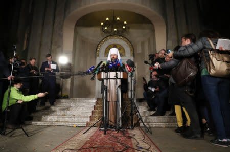 Metropolitan Hilarion, Chairman of external relations department of the Moscow Patriarchate and permanent member of the Holy Synod of the Russian Orthodox Church, speaks during a news conference in Minsk, Belarus October 15, 2018. REUTERS/Vasily Fedosenko