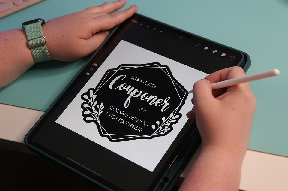 Coupon guru Mandy Morckel designing one of her custom couponing stickers on her iPad she uses to create digital coupon deals.