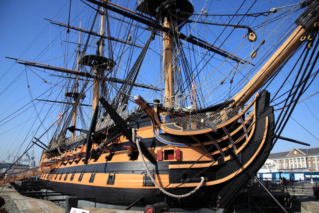HMS Victory was Admiral Horatio Nelson's flagship at the Battle of Trafalgar in 1805 during the Napoleonic Wars. She is currently in a dry dock at Portsmouth, England serving as a major tourist attraction for the city