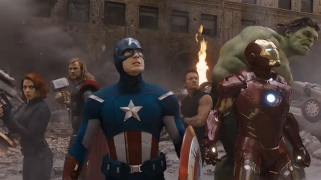 The Avengers standing in the middle of a ruined New York in "The Avengers"