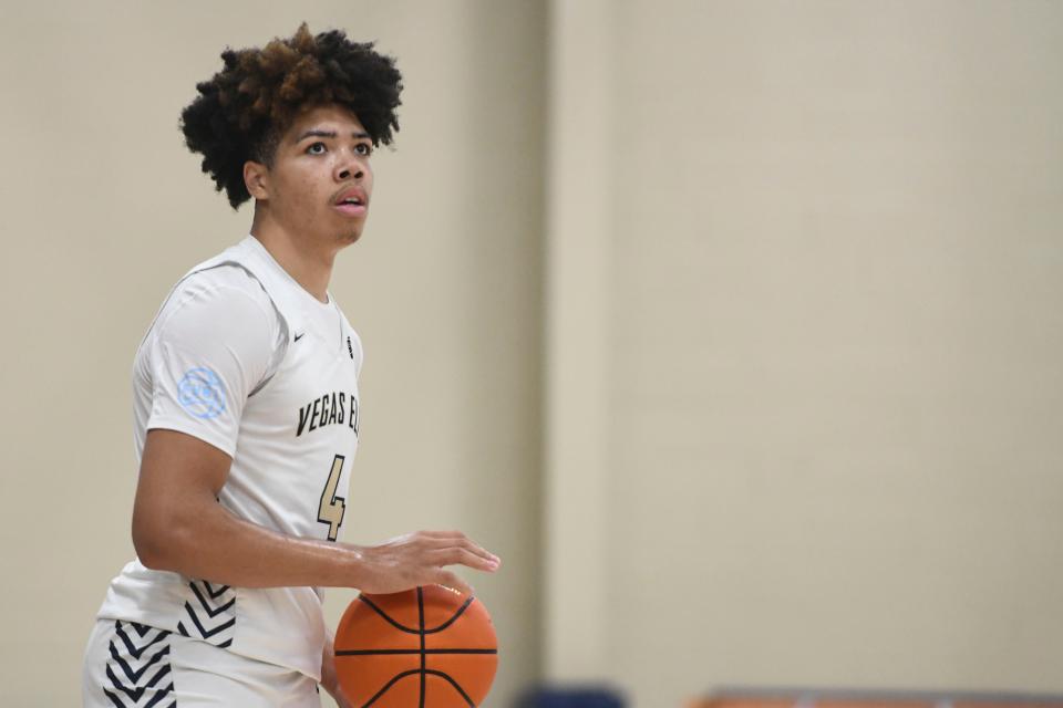 July 5, 2023;  North Augusta, SC, USA;  Vegas Elite Tyran Stokes (4) sits out during the Vegas Elite and Boo Williams game on day three of the Peach Jam at Riverview Park Activities Center.  Vegas Elite defeated Boo Williams 71-52.  Mandatory Credit: Katie Goodale-USA TODAY Network